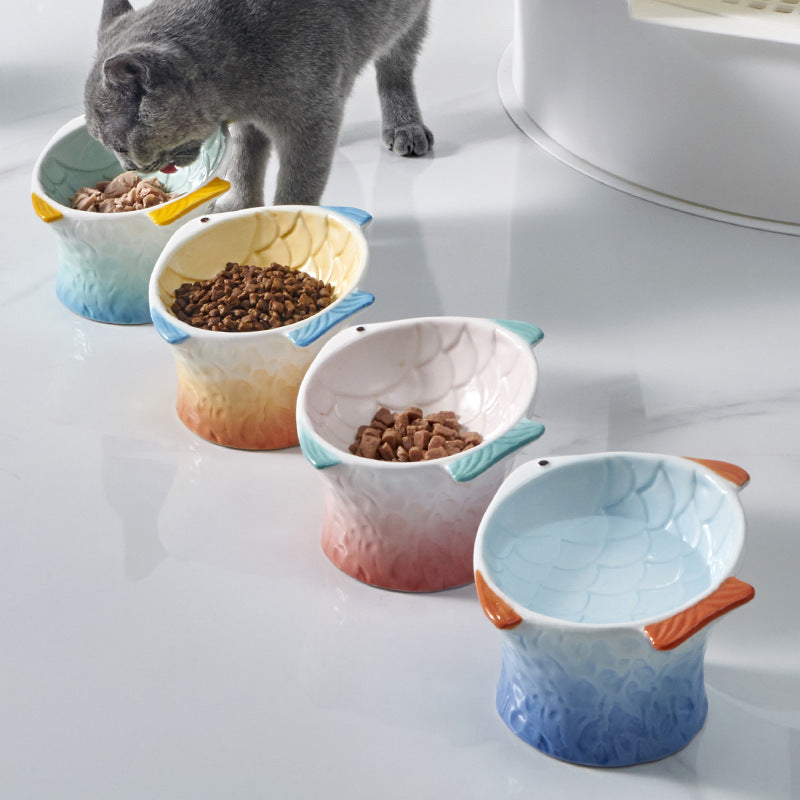 Ceramic Cat Feeder Fish Shape Elevated Bowls  Shallow Angled Non Slip Whisker Fatigue Bowl Tilted Pet Feeder