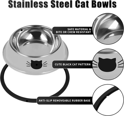 Pet Bowls For Small Cats, Non-Slip Stainless Steel Cat Food Bowls With Removable Rubber Base